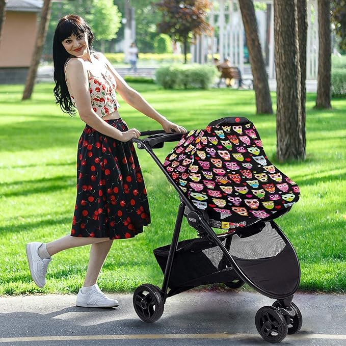 Cute Colourfull Owl Baby Car Seat Covers, Nursing Cover Breastfeeding Scarf Soft Breathable Stretchy Coverage, Infant Stroller Cover for Boys Girls