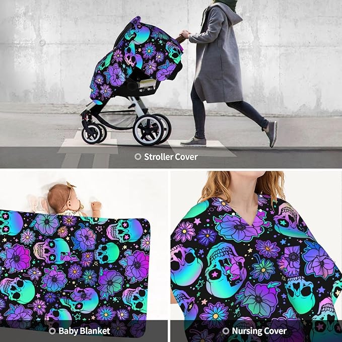 Neon Purple Skull Car Seat Covers for Babies Peekaboo Opening Carseat Cover Soft Nursing Stroller Cover Canopy for Shower Gift Newborn