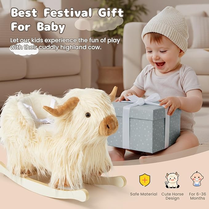 Baby Rocking Horse,Highlander Cattle Toddler Rocking Toy for 1+ Year Old Cute White Cow Stuffed Cow Rocker Toy Rocking Animal for Baby Boys and Girls Nursery/Child Christmas or Birthday Gift