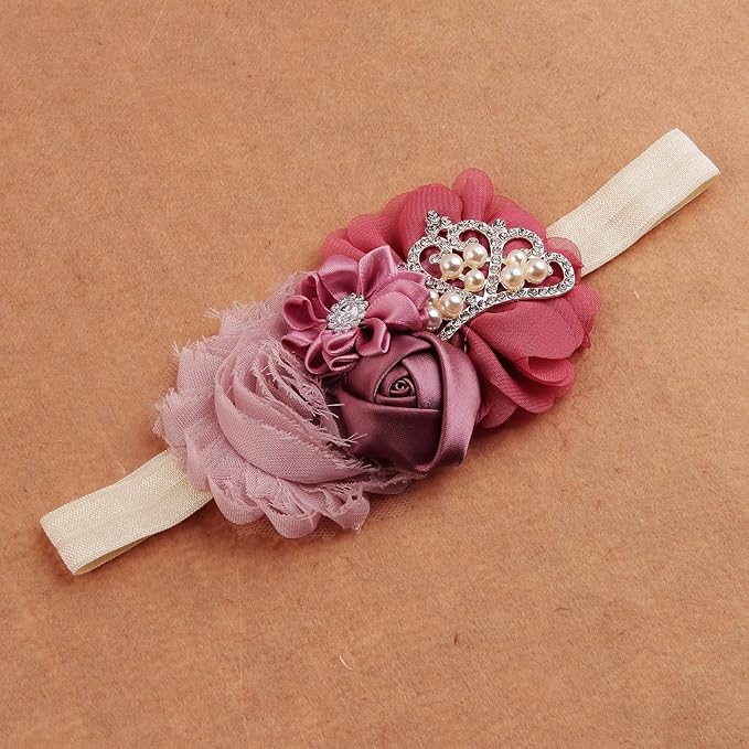 Nishine Baby Christening Headband Toddler Girls Fabric Flower Headband Tiara Stretchy Elastic in Pairs (Child, Ivory/Dusty pink)