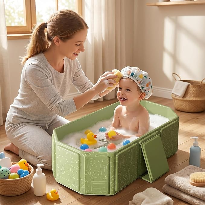 Baby Foldable Kids Bathtub for Infants to Toddler with Non-Slip Base,Easy Storage,Perfect for Small Spaces (Green)