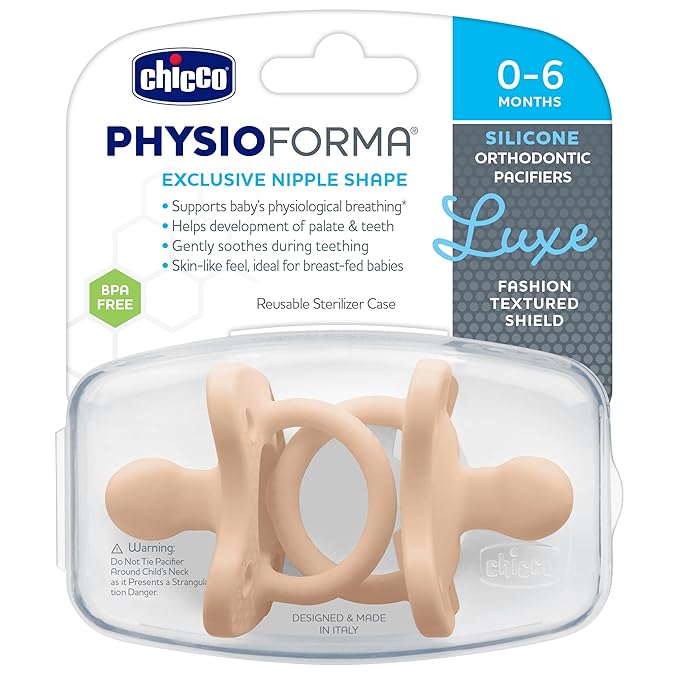 Chicco PhysioForma Luxe Orthodontic Pacifier for Babies 0-6 Months, One-Piece 100% Soft Silicone, Supports Breathing, Textured Shield & Handle, Included Sterilizing Case, BPA Free, 2-Pack, Blush