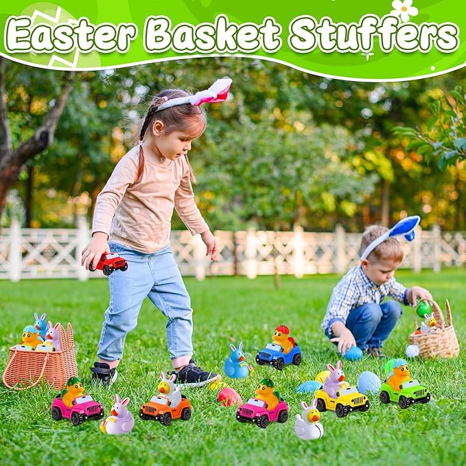 24 Pcs Easter Rubber Ducks for Jeeps, Easter Basket Stuffers Easter Egg Fillers, Ducks for Ducking3.5 Inch Cars for 2 Inch Ducks, 12 Easter Ducks with 12 Off-Road Vehicle, Easter Party Favors Gifts