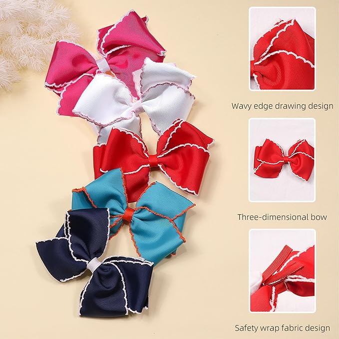 5 Inch Grosgrain Ribbon Bow Hair Clip for Baby Girls, Alligator Clips Hair Barrettes, Moonstitch Edge Hair Bows for Toddlers (White + Hot Pink)