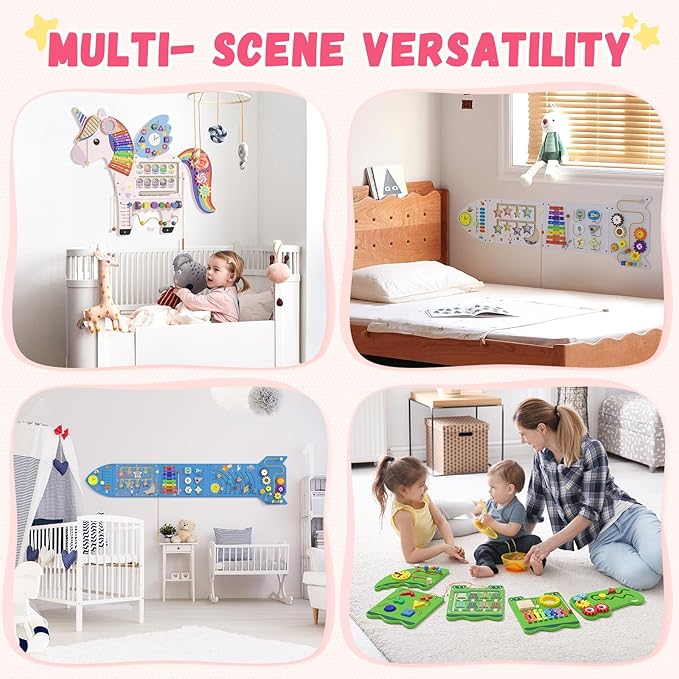 Spacocld Unicorn Activity Wall Busy Board Panels - Sensory Wall Panel for Kids, Montessori Toddler Wall Activity Board, Wall Toys for Toddlers 3, Activity Cube, Perfect for Toddler Playroom, Pink