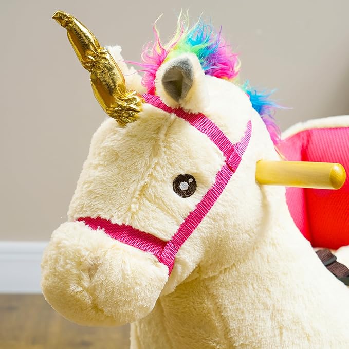 Qaba Kids Rocking Horse, Ride on Unicorn with Realistic Sounds, Safety Belt & Wooden Base, Plush Animal Rocker for Toddlers 18-36 Months, Cream White