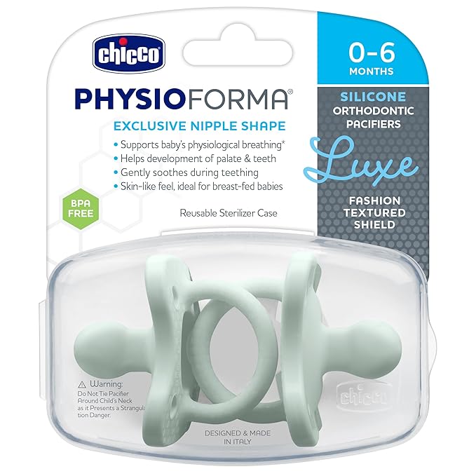 Chicco PhysioForma Luxe Orthodontic Pacifier for Babies 0-6 Months, One-Piece 100% Soft Silicone, Supports Breathing, Textured Shield & Handle, Included Sterilizing Case, BPA Free, 2-Pack, Mint