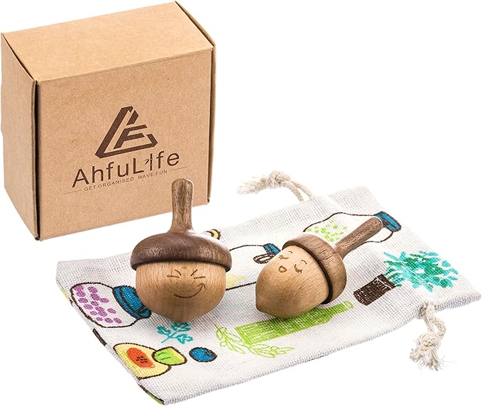 AhfuLife Wooden Spinning Top, Forever Spinning Top with Cute Facial Expression, Wood Physics Relaxation Handmade Gift (Pack of 2)