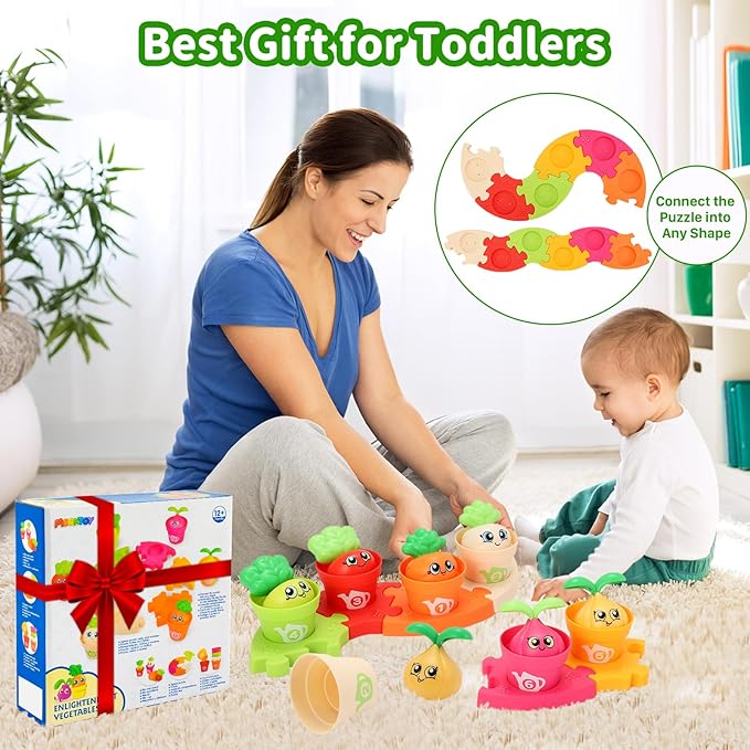 MOONTOY Baby Montessori Stacking Toys Learning Toys for 1 + Year Old 18pcs Plant Flower Pots & Puzzles Set, Color Sorting Toys for Toddlers 1-3, Birthday Gifts for 2 Year Old Girls Boys