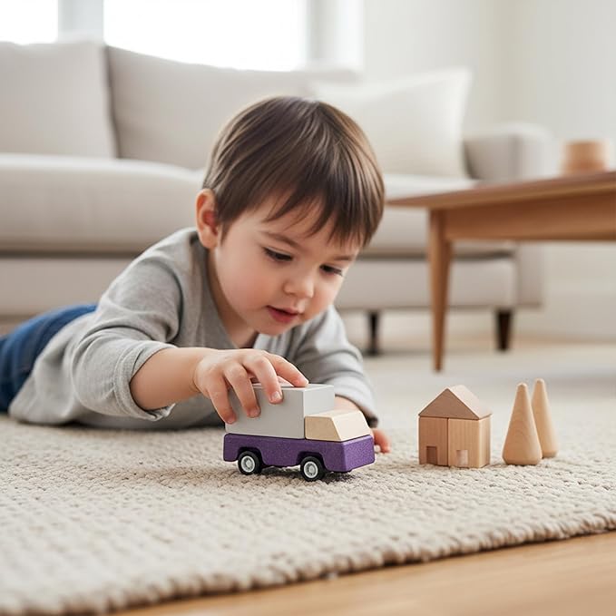 PlanToys® Purple Delivery Truck Wooden Montessori Vehicle Toy | Early Movement, Imagination and Practical Life Exploration | Eco Friendly Truck for Indoor and Outdoor Play