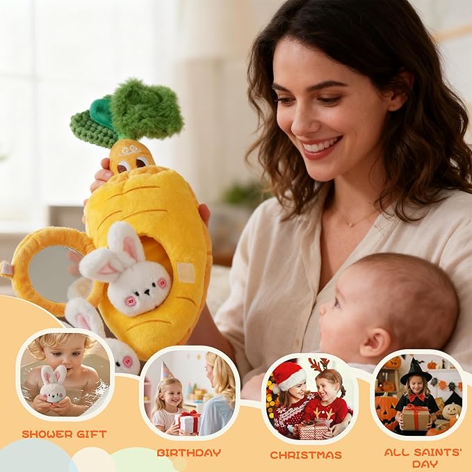 Sensory Carrot House Toy for Babies - Plush Montessori Toy with Mirror, 3 Bunny Rattles & Pull-Out Carrot, Crinkle Leaf, Fine Motor Skills Development, Washable