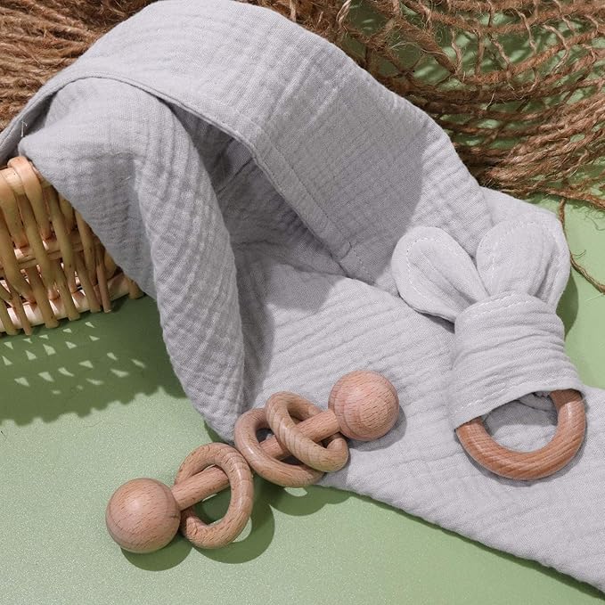 Baby Lovey, Wood Rattle, Teether Ring, 3 Pack Montessori Gift, Gray, Cotton, Double Gauze, Baby Shower, Gender Neutral Gift