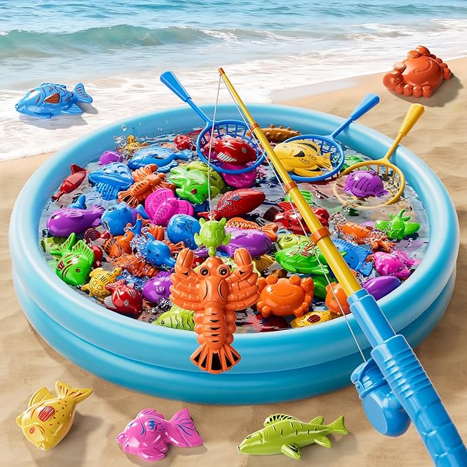 Magnetic Fishing Game Toys for Kids Toddlers 3-5 4-8, Water Table Bathtub Toys with Inflatable Pool Pole Rod Net Floating Fish, Water Bath Pool Outdoor Toys for Boys Girls Age 3 4 5 6 7 8 Year Old