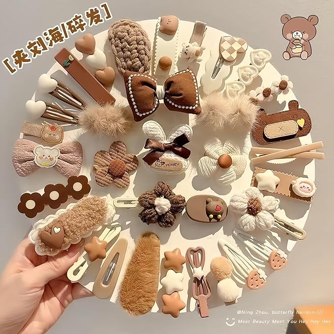 (10 Pcs) Super Cute Lovely Warm Autumn Winter Spring Theme Kid's Hairpin Flower Floral Bear Bowknot Hair Clips Hair Decoration Women Girls Salon Hairstyle Hairdressing Grip -Brown 2
