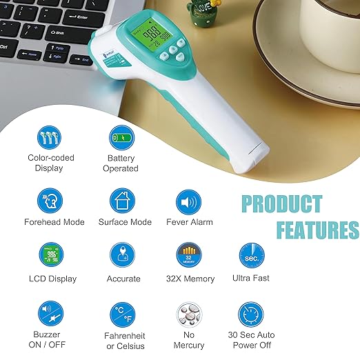 Amplim 4-Pack Hospital & Medical Grade Non Contact Digital Infrared Forehead Thermometer for Babies, Kids, and Adults.