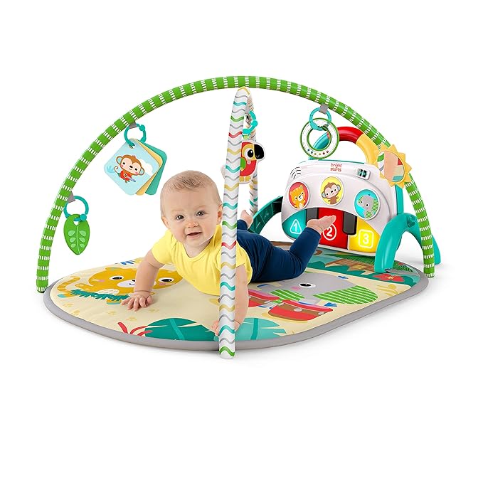 Bright Starts 4-in-1 Groovin’ Kicks Piano Gym, Tummy Time Play Mat & Activity Baby Toys, Green - Tropical Safari, Newborn to Toddler