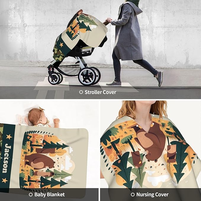 Personalized Winter Carseat Cover for Baby Custom Name Car Seat Canopy for Newborn Baby Boys Girls 2 in 1 Mom Nursing Breastfeeding Covers Bear Minky Baby Carrier Stroller Covers