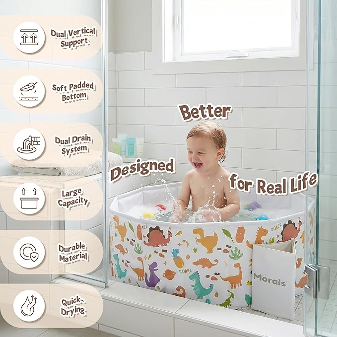 MORAIS Toddler Bathtub Collapsible & Portable, Foldable Baby Bath Tub for Shower & Travel, Dual Drain Plug with Thick Padded Bottom, Easy to Clean, Space-Saving Tub, 12 Months+