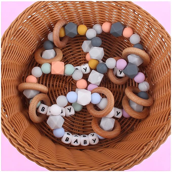 Personalized Baby Teether Ring with Name, Custom Silicone Wooden Rattle Teething Ring for Boys and Girls