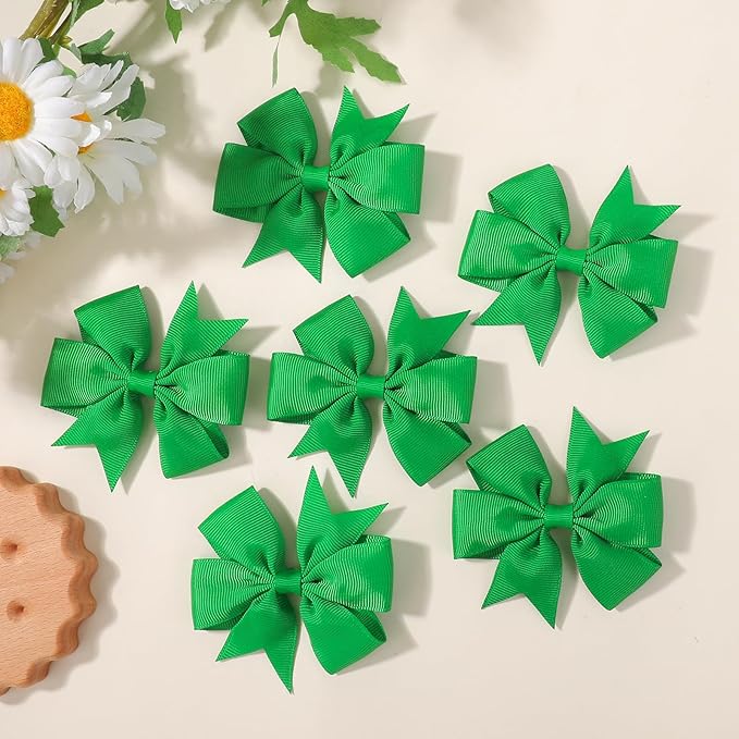 choicbaby 6pcs St. Patrick's Day Hair Bows for Girls 3” Green Grosgrain Ribbon Bows with Alligator Clips Lucky Toddler Hair Accessories for Baby Toddler Kids Birthday Holiday