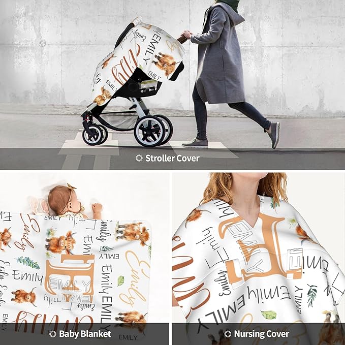 Personalized Baby Car Seat Canopy with Name Custom Minky Highland Cow Car Seat Covers Nursing Cover for Breastfeeding Multi-Use Cover Infant Carrier Carseat Winter Cover for Newborn Girls Boys