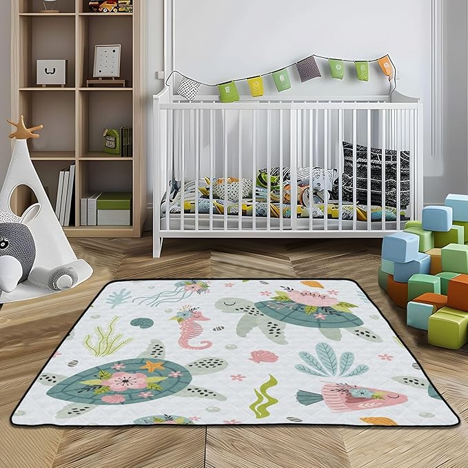 Baby Play Mat Turtle Sea Horse 50 x 50 Playpen Mat Baby Play Mats for Floor Play Gym Crawling Mat Non-Slip Cushioned Baby Playmat for Infants, Babies, Toddlers