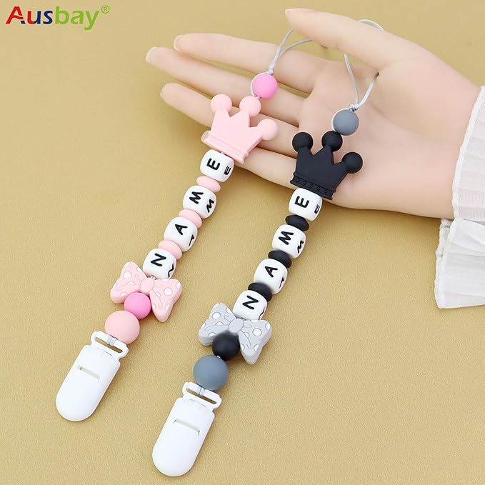Personalized Pacifier Clip with Name, Ausbay Customized Pacifier Holder Leash with Name (Black)