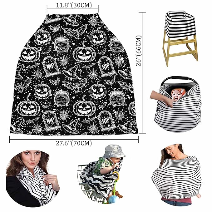 Nursing Cover for Breastfeeding Scarf Super Soft Cotton Multi Use for Baby Car Covers Canopy Shopping Cart Cover Blanket Stroller Cover Halloween Themed Pumpkin Witch Bat Spider Black
