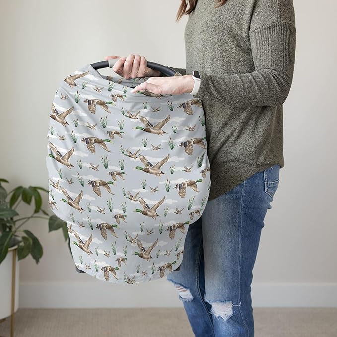 HawSkgFub Mallard Duck Hunting 5-in-1 Car Seat Cover for Baby Boy Girl Gift, Blue Wild Animal Hunter Reed Privacy Breastfeeding Nursing Cover, Newborn Infant Multi-use Carseat Canopy Carrier