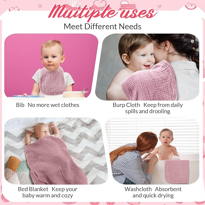 Hahafelt 6 Pcs Muslin Hooded Bath Towels Washcloths and Bibs Set, Muslin Cotton Baby Towels Absorbent Hooded Blanket Towel Infant Bibs for Boys Girls Newborn Infant Essential(Pink,Rose)