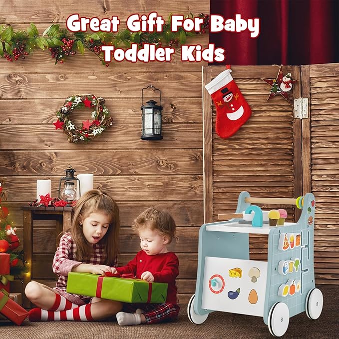 HONEY JOY Baby Push Walker, 6-in-1 Wooden Play Kitchen Walker Activity Center w/Shape Sorter & Blackboard, Develop Motor Skills, Push Toys for Babies Learning to Walk, Gift for Boys and Girls (Blue)