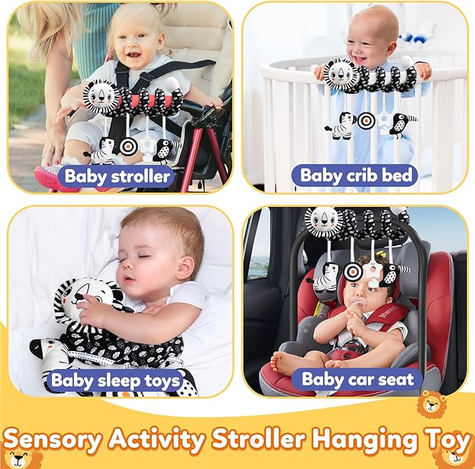 GKDOMS Baby Carseat Toy Black & White Rattle Spiral Hanging Activity Stroller Toy for Newborns Boys and Girls - Lion