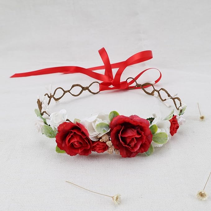Flower Girl Flower Crown Pink Baby Girls Floral Headpieces Kids Headband Children Hair Wreath Photo Prop (Dark Red-Child Size)