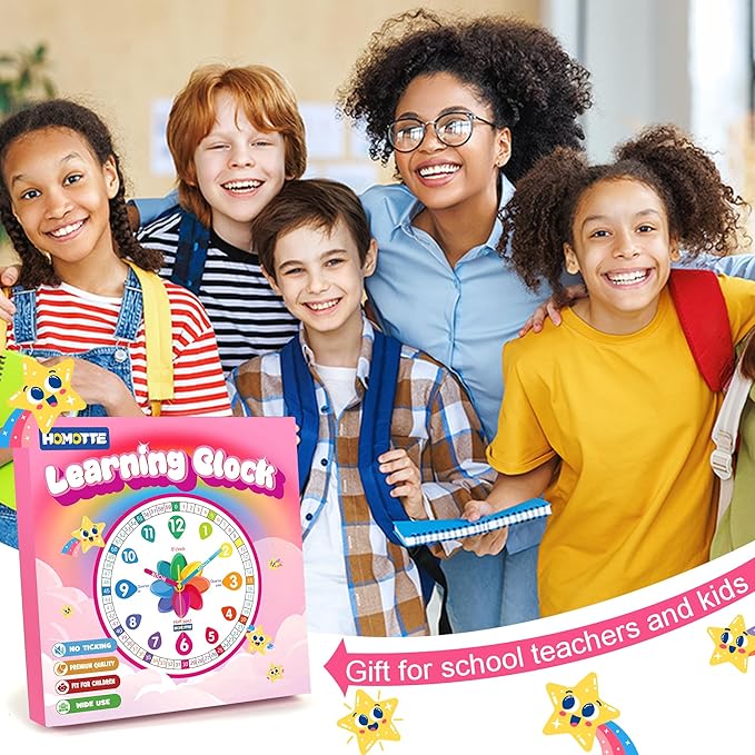 Homotte Learning Clock for Kids, 10 Inch Telling Time Pink Wall Children's Silent Non-Ticking Teach Educational Clock for Bedroom, Classroom Girls Home Decor