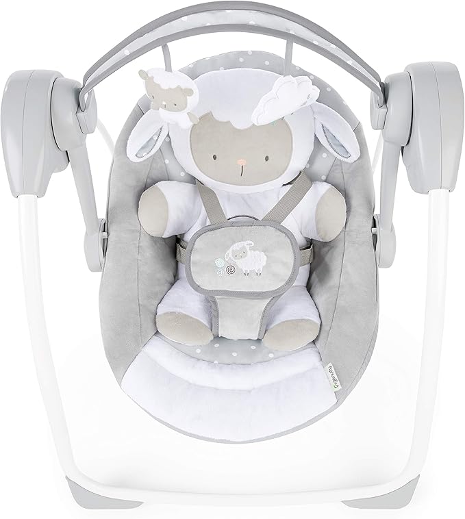 Ingenuity Comfort 2 Go Compact Portable 6-Speed Cushioned Baby Swing with Music, Folds Easy, 0-9 Months 6-20 lbs (Cuddle Lamb)