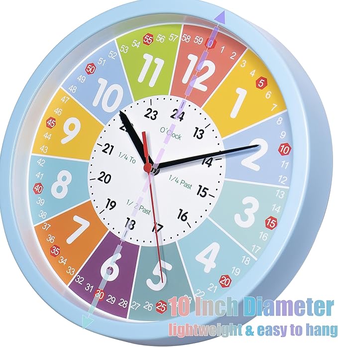Learning Clock for Kids – Silent Classroom Clock Telling The Time Teaching Toddler Boys Analog for Kid's Room Classroom School Playroom, Blue