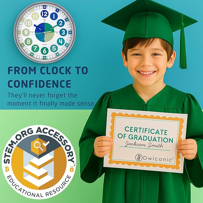 OWLCONIC Clock for Kids – Educational Analog Learning Wall Clock, Non Ticking Teaching Clock for Classroom & Homeschool, Silent Kids Bedroom Décor Blue Green
