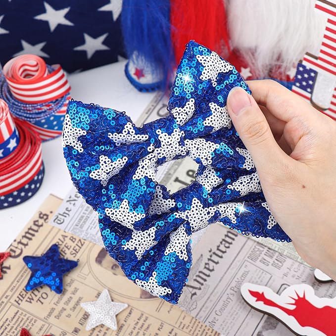 4th of July Hair Bows Clips Sparkly Cheer Sequins Bow Alligator Clips Hair Barrettes Kids Patriotic Bows for Girls Hair Accessories Star 2 Pcs
