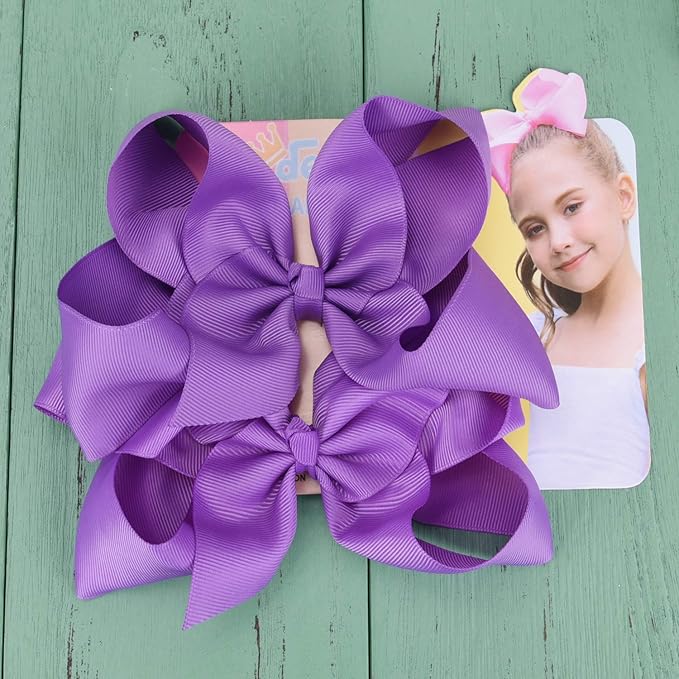 DEEKA 2 PCS 6" Big Hand-made Grosgrain Ribbon Solid Color Hair Bows Alligator Clips Hair Accessories for Little Teen Toddler Girls Kids Set of 2 -Purple