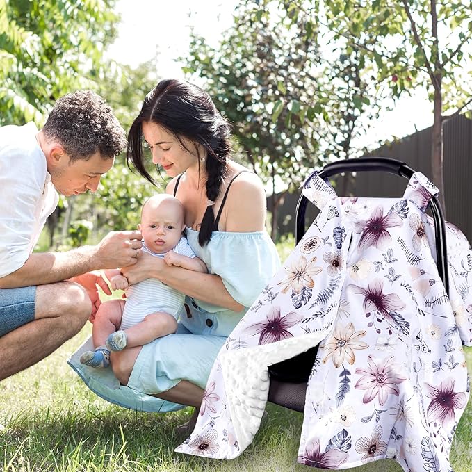 Baby Car Seat Cover, Peekaboo Opening Spring Car Seat Canopy for Baby Girls Boys, Mom Nursing Breastfeeding Covers, Blanket for Infant, Purple Watercolor Flower