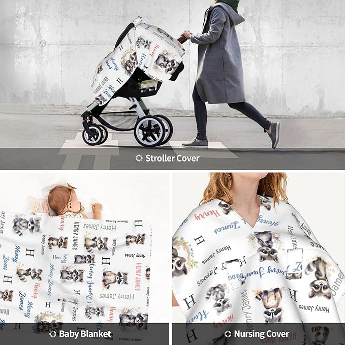 Personalized Winter Baby Car Seat Cover with Name Raccoon Winter Car Seat Cover for Baby Seat or Stroller Custom Infant Car Seat Covers Minky Blankets Nursing Cover Breastfeeding Scarf