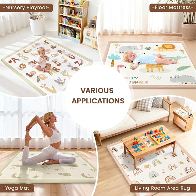 50"×50" Baby Play Mat for Floor & Playpen, 1.2" Thick High-Density Foam Nursery Mat for Tummy Time, Soft Plush Carpet with Non-Slip Bottom for Infant Toddler Baby Crawling & Playing (Boho)