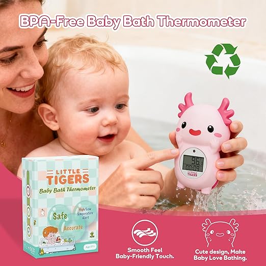 Baby Bath Thermometer, Digital Temperature Water Thermometer, Safety Bathtub Floating Toy for Baby, Infants, Toddlers - Pink Axolotl with Timer