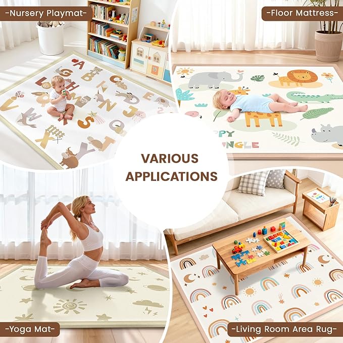 59"×71" Baby Play Mat for Floor & Playpen, 1.2" Thick High-Density Foam Nursery Mat for Tummy Time, Soft Plush Carpet with Non-Slip Bottom for Infant Toddler Baby Crawling & Playing (Boho)