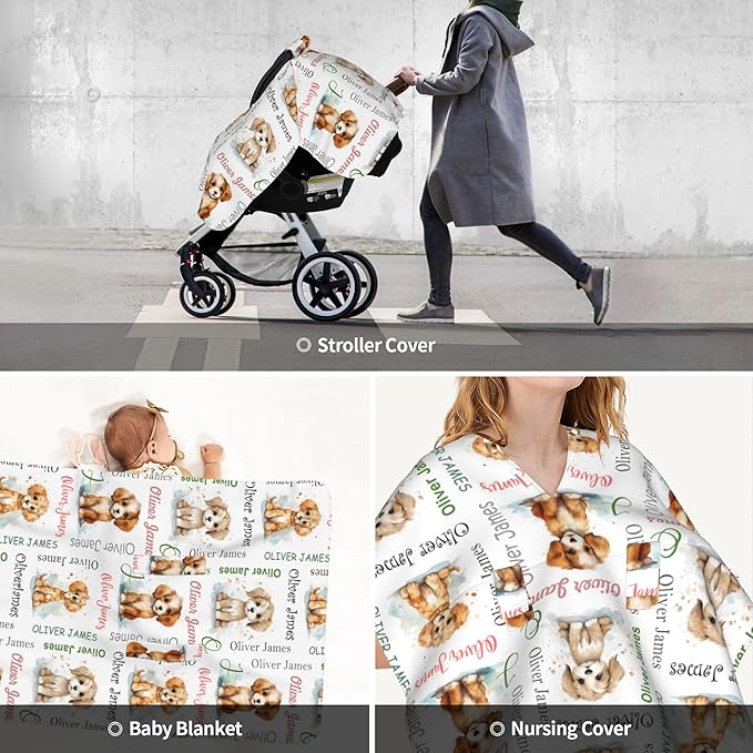 Custom Baby Car Seat Canopy Personalized Car Seat Covers with Name for Baby Boys Girls Customized Dog Nursing Breastfeeding Cover Infant Carseat Canopies Newborn Minky Baby Blanket