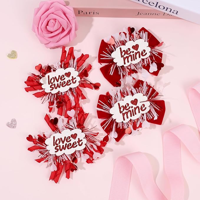 CN 4PCS Valentines Day Hair Bows for Girls Red Pink Love Heart Hair Clips Grosgrain Ribbon with Alligator Clips Hair Accessories for Kids Toddler Teens on Valentines Birthday