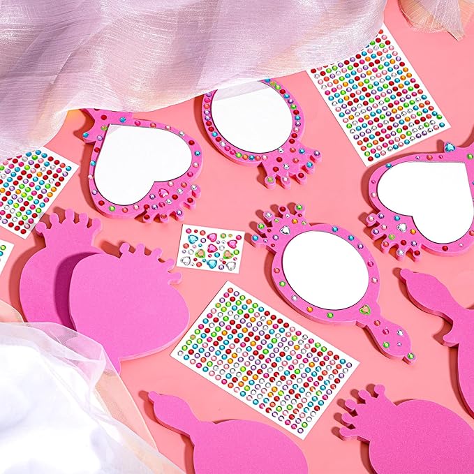Geetery 20 Pcs Unbreakable Kids Mirror DIY Decorate Your Own Princess Mirror Mermaid Princess Foam Small Crafts for Princess Party Decorations(Pink)