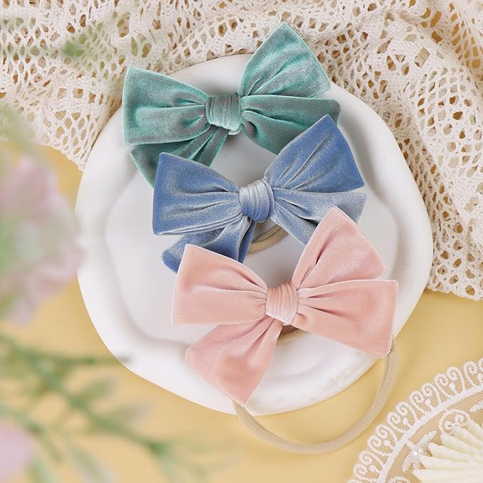 4'' Baby Velvet Gloss Bows Handmade Headbands Tied Bow Elastic Nylon Hair Accessories for Baby Girls Newborn Infant 3 Pcs Light Blue Aqua Pink