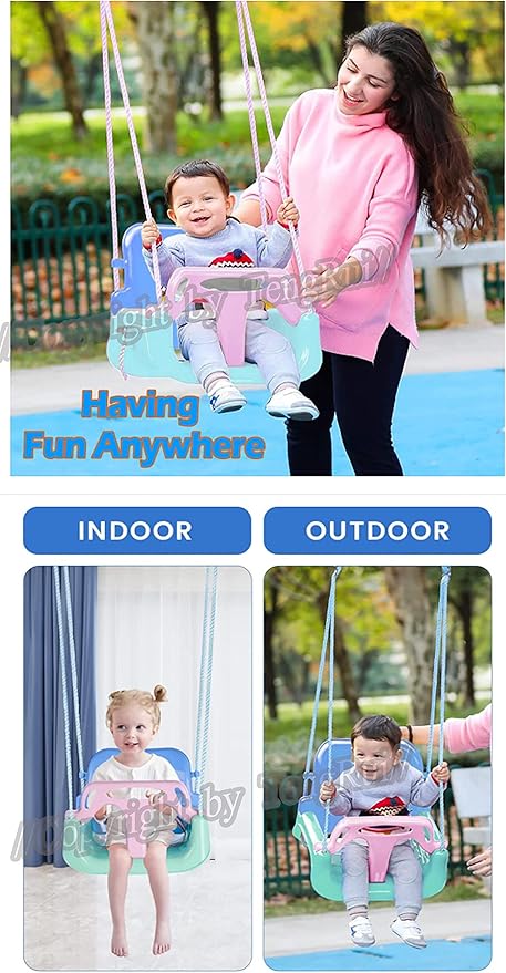 3-in-1 Swing Anti-flip Snug & Detachable for Toddler to Teenager Macarons Color Outdoor Patio Play (Light Blue Chair+Yellow Handrail)