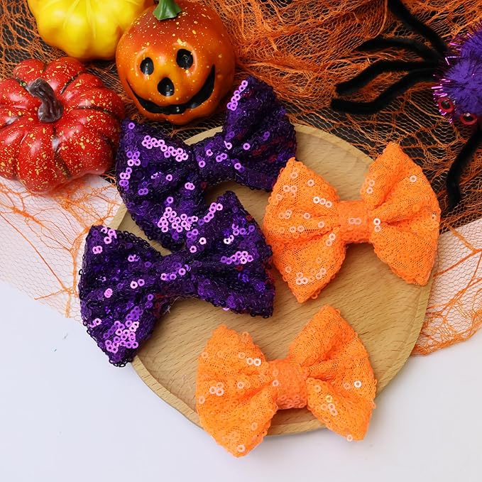 Halloween Hair Bows Clips Orange Sequins Alligator Hair Clips Bows for Girls Purple Glitter Barrettes Little Bow Hairpins Toddler Teens Sparkly Hair Accessories for Kids Teens Gift